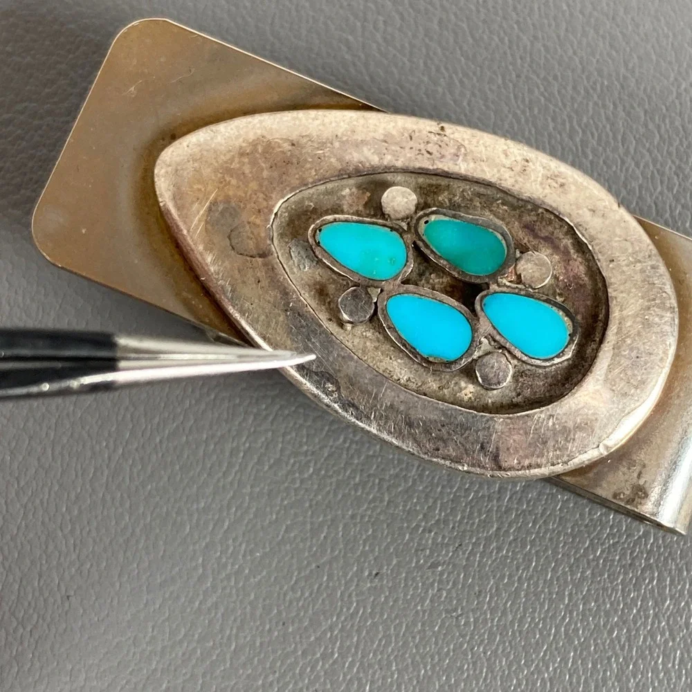 Vintage Southwestern Native Style Sterling Silver Turquoise Inlay Money Clip